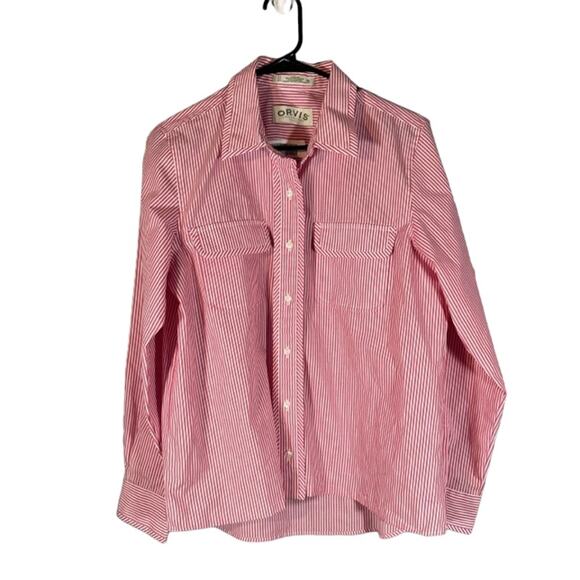 Orvis Red & White Striped Long Sleeve Cotton Blend Button Down Shirt Men Sz M - Picture 1 of 9